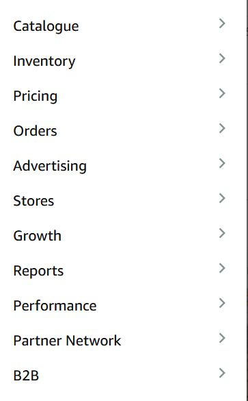 Amazon seller central navigation menu